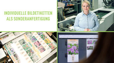 YouTube-Video: Individuelle Bildetiketten Individuelle Bildetiketten als Sonderanfertigung – Güse Druckerei mit Mitarbeiterin an der Druckmaschine und digitaler Etikettengestaltung am Monitor
