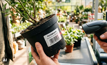 Im Gartencenter wird wei&szlig;es EAN-Barcodeetikett auf einem schwarzen Pflanztopf einer Heidelbeere mit einem Barcodescanner gescannt.