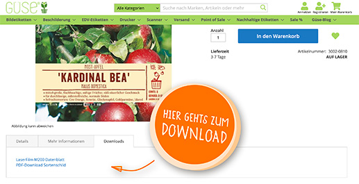 Sortenschild Datei-Download Sortenschild-Produktbereich mit orangefarbenen Pfeil auf Datei-Download