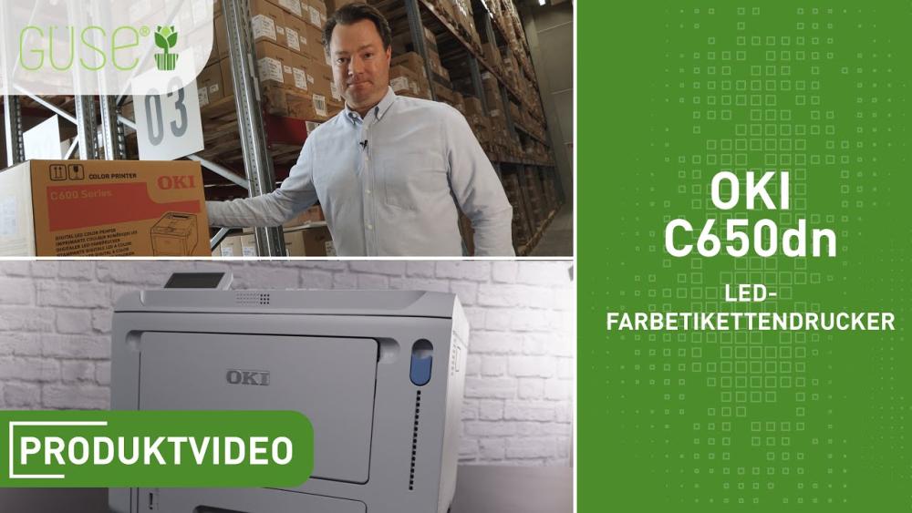 Teaserbild zum YouTube-Video OKI C650dn &ndash; LED-Farbetikettendrucker mit wei&szlig;em Schriftzug, Etikettendrucker und Bild des Moderators