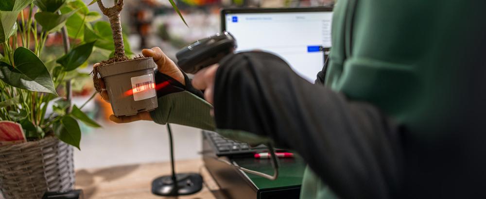 Ein schwarz-weißes Barcode-Etikett auf einem Anzuchttopf wird an der Kasse mit einem schwarzen Barcodescanner gescannt
