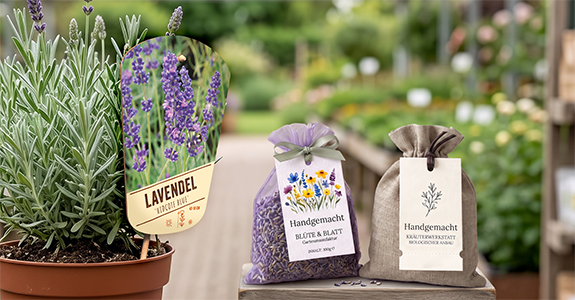 Kartonetiketten als Steck- und Hängeetiketten Kartonetikett als Stecketikett in einem lila Lavendel und als individuell gestaltete Hängeetiketten an zwei Geschenktütchen aus Organza und Stoff