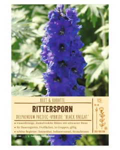Sortenschild, Delphinium Pacific-Hybride 'Black Knight'