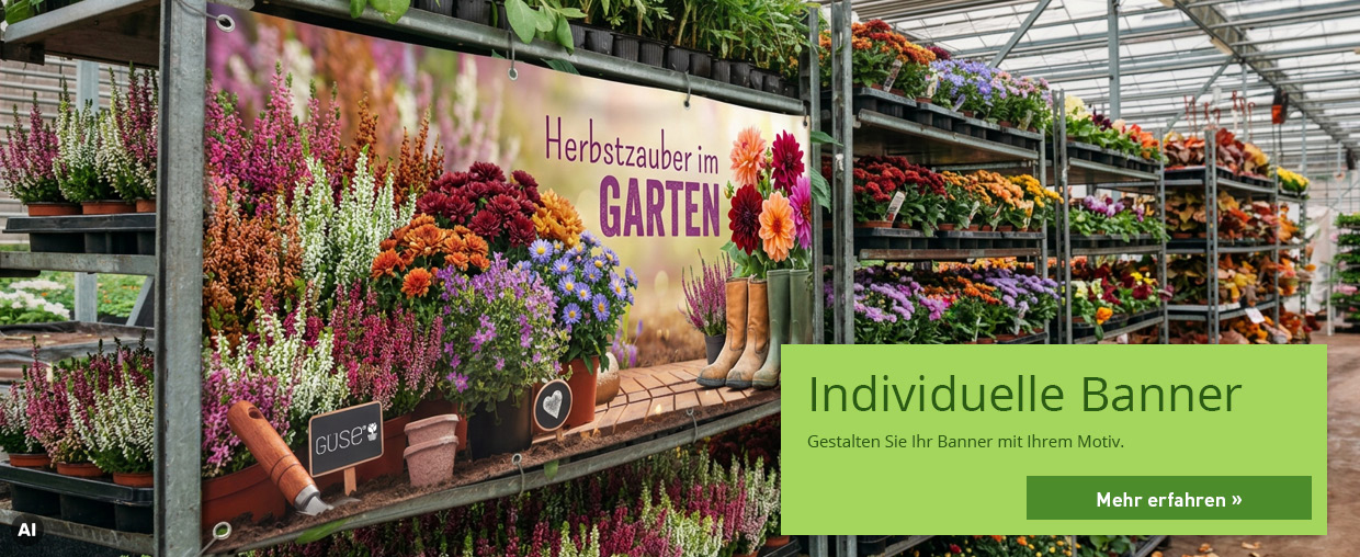 Plakatbanner an einem mit Blumen gefülltem Regal im Gartencenter im Herbst