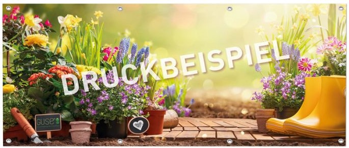 Druckbeispiel eines Werbebanners mit bunten Blumen 